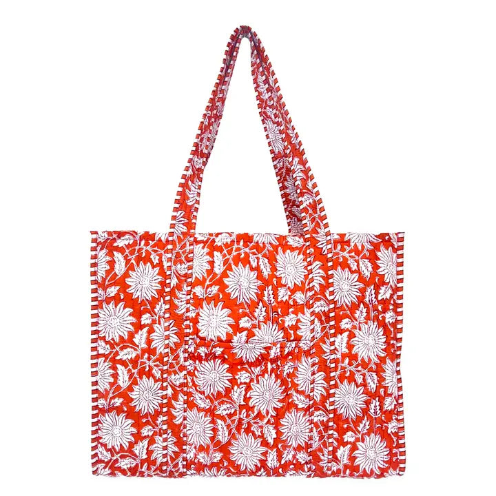 Quilted Block-Printed Tote Bag with Travel Pouch