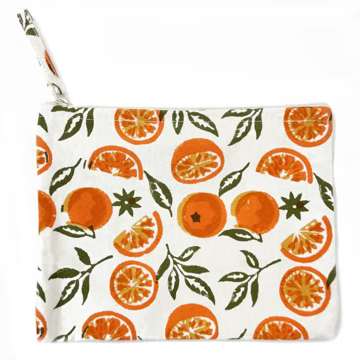 Canvas Pouch with Block-Printed Oranges