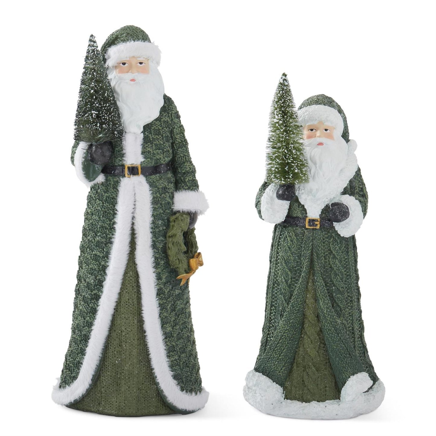 Set of Two Santas with Green Coat & Bottle Brush Tree