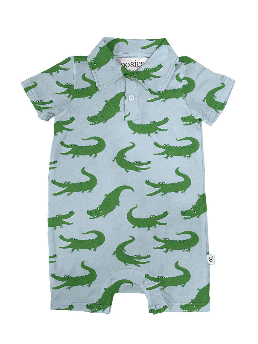 SS Polo Romper- Blue Alligators