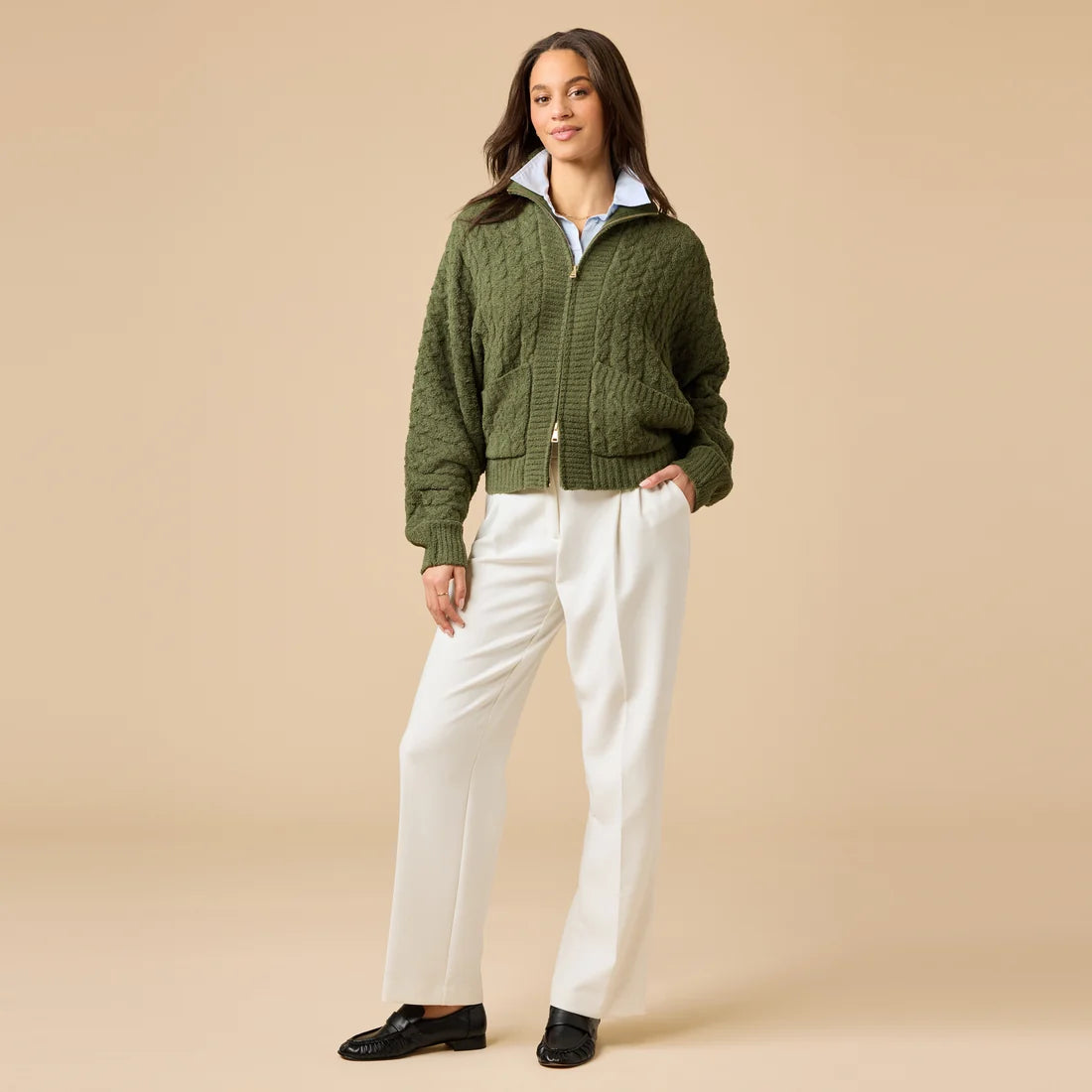Cable Knit Marshmallow Funnel Neck Double Zip Jacket- Olive