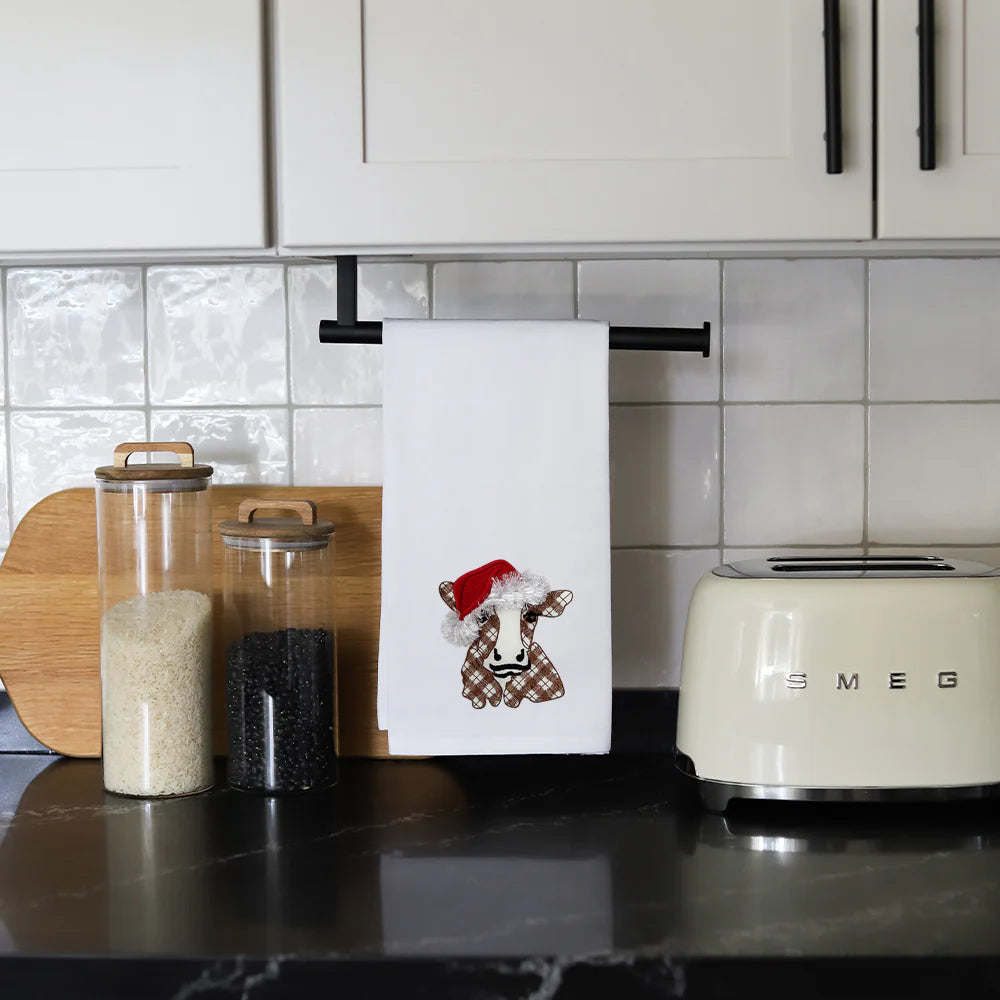 Fluffy Santa Cow Embroidered Tea Towel