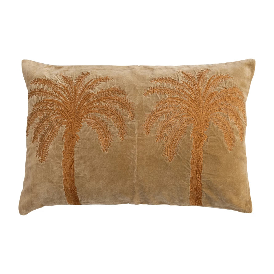 Cotton Velvet Emrboidered Pillow w/Palm Trees & Chamray Back