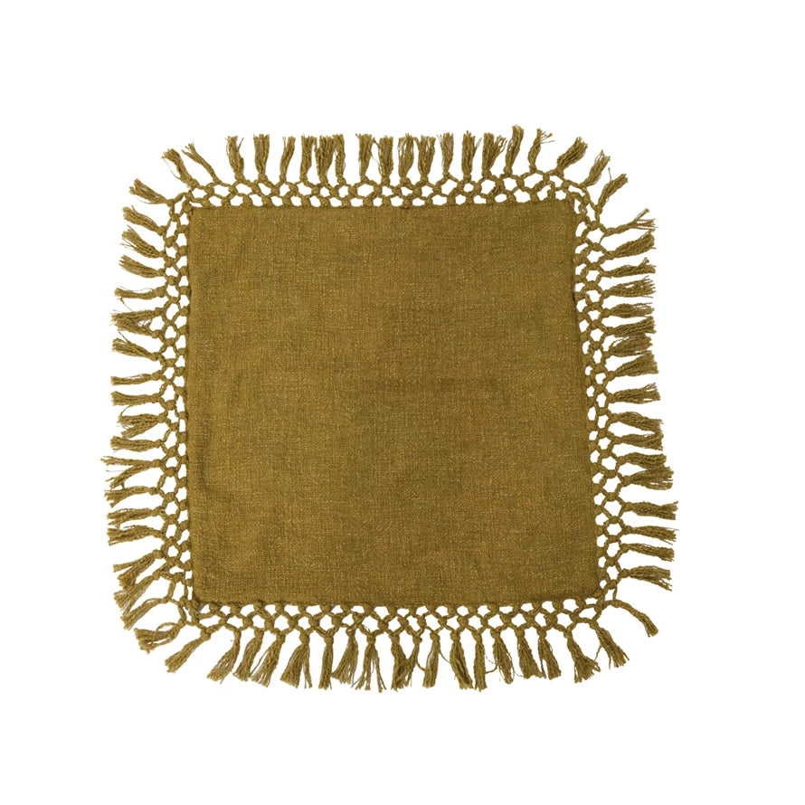 Cotton Slub Pillow w/ Crochet & Fringe, Polyester Fill