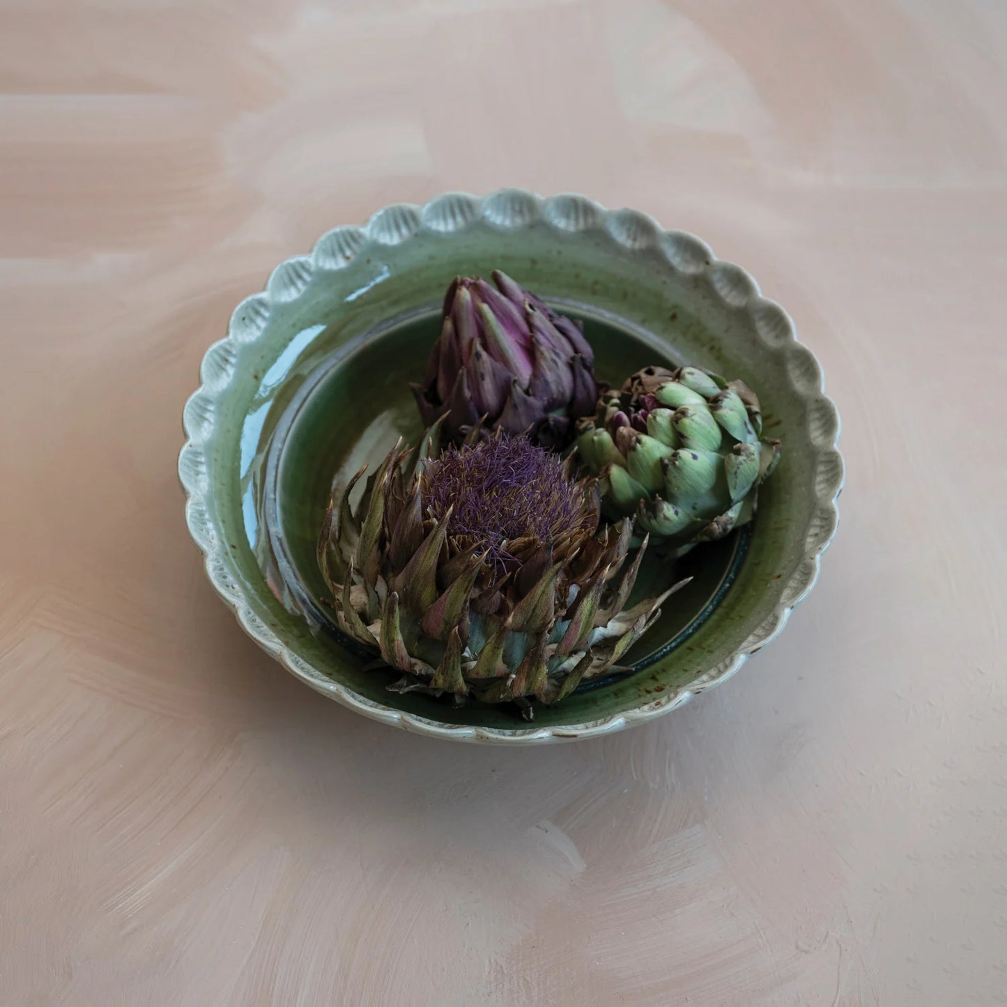 Scalloped Green Stoneware Bowl
