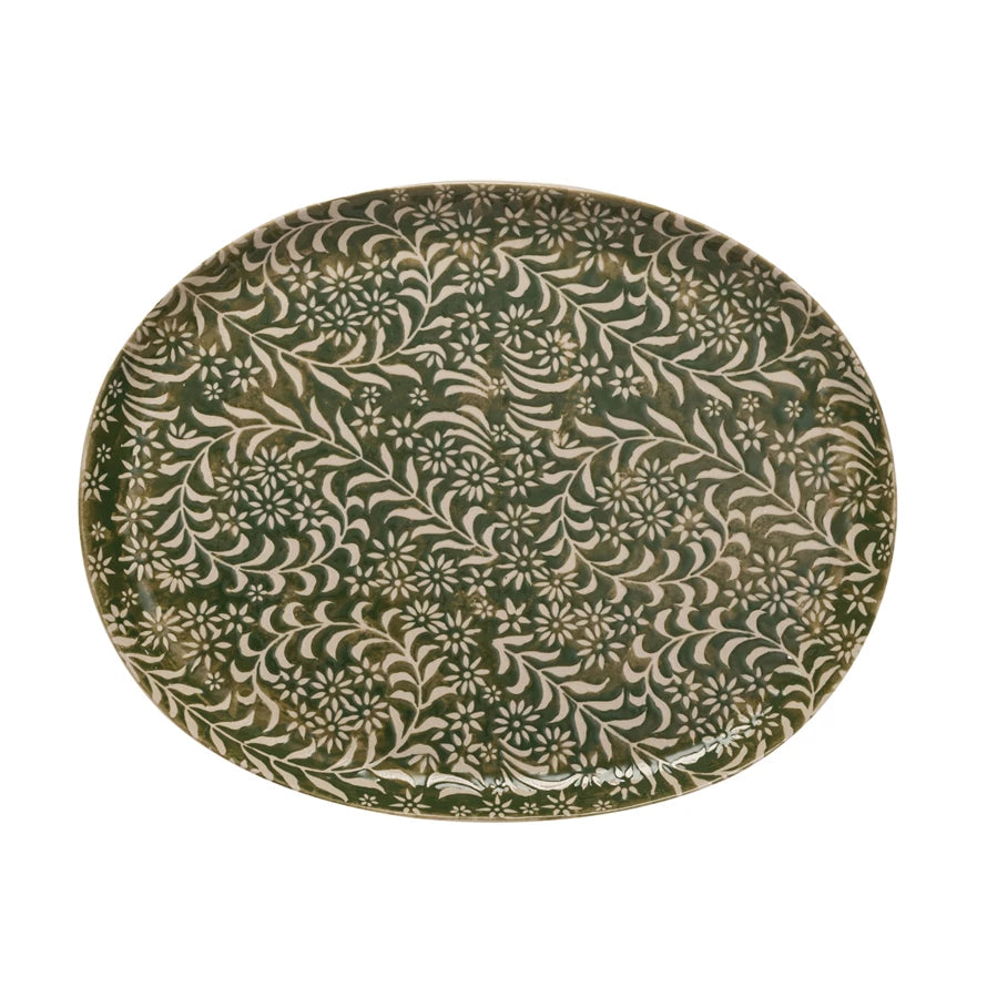 Stoneware Platter with Wax Relief Botanicals