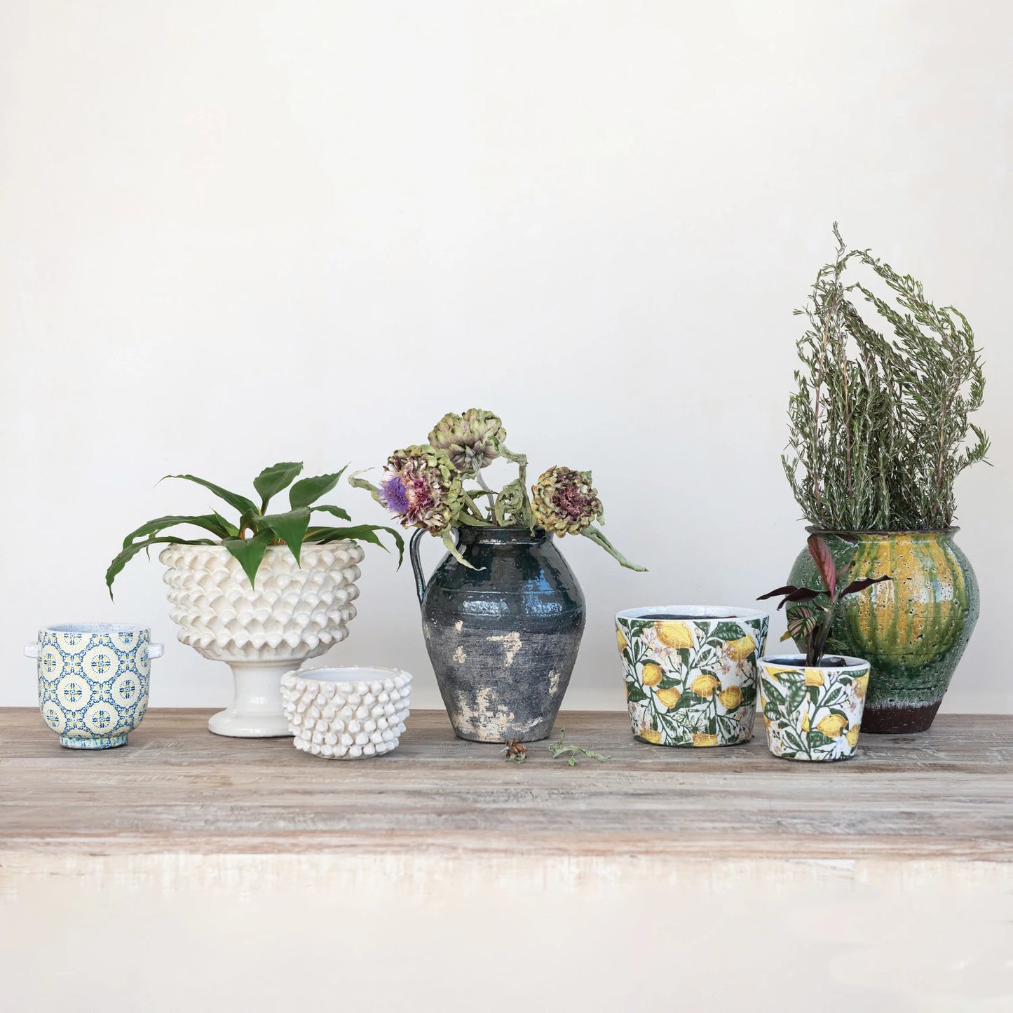 Terra-cotta Footed Planter Yellow & Blue