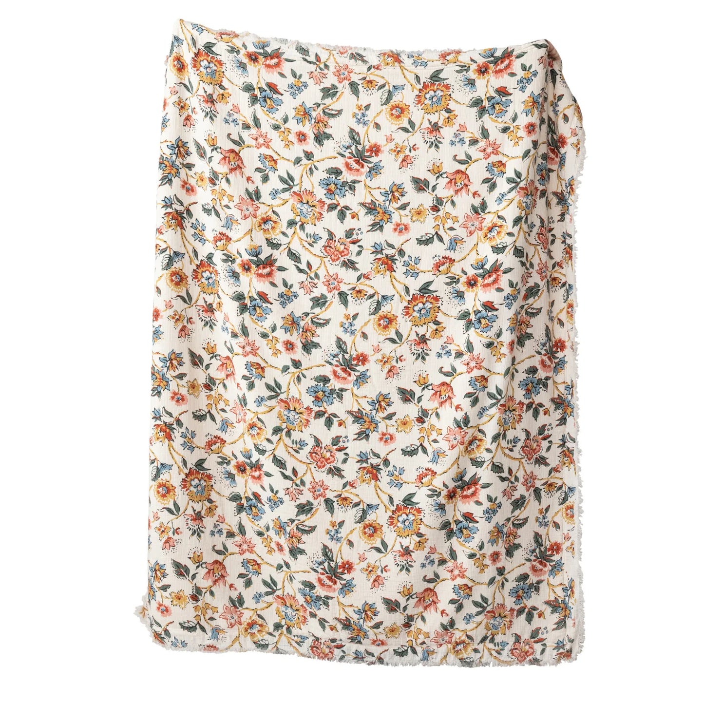 Woven Cotton Printed Throw w/ Sherpa Back, Flower Pattern & Fringe