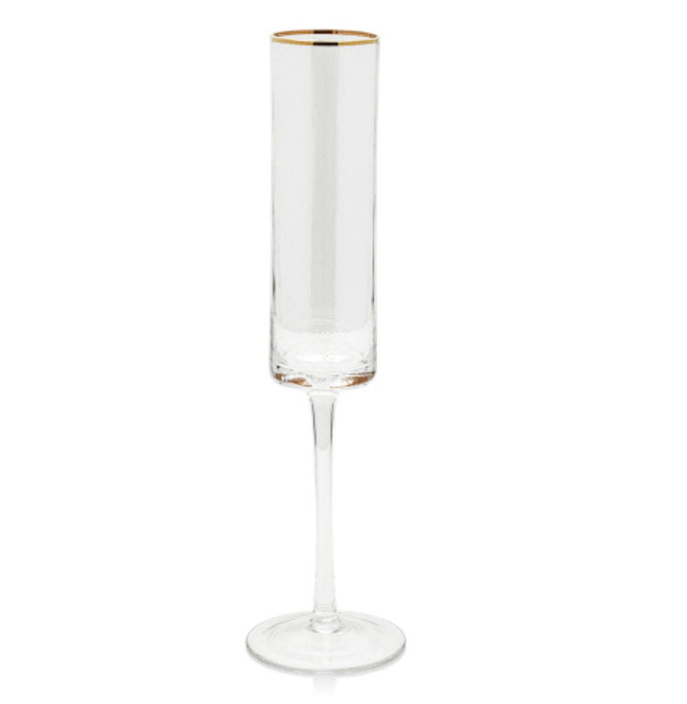 Optic Champagne Flute Clear Glass W/Gold Rim