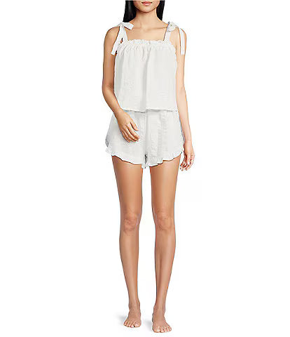 White Textured Stripe Tie Top Ruffle Sleep Set