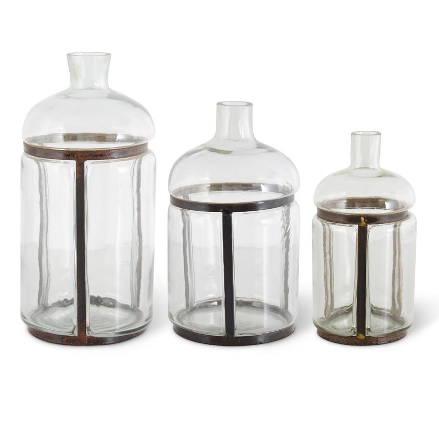 Set of 3 Clear Blown Glass Bottles in Metal Frames