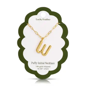 Lucky Feather Puffy Charm - Initial Necklace