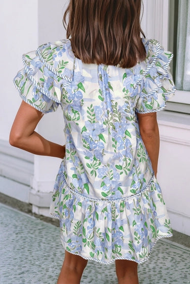 Floral Contrast Edge Layered Short Sleeve Dress