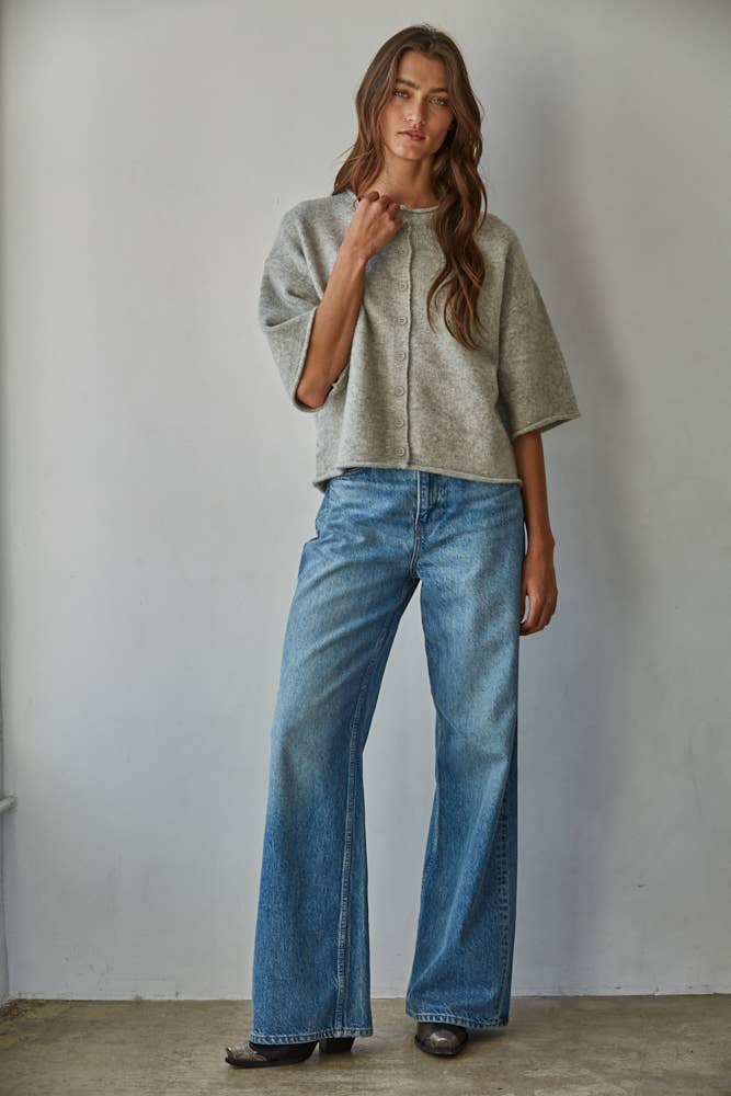 Knit Sweater Quarter Sleeve Button Up Cardigan Top