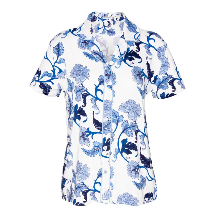 Blue Acanthus Leaf Notch Collar Top