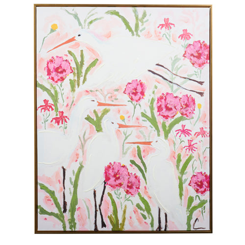 Egret Flock in Camellias Framed Wall Art