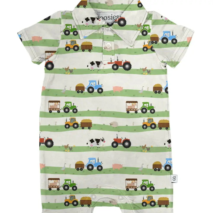 SS Polo Romper - Farm Stripes