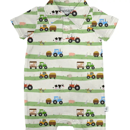 SS Polo Romper - Farm Stripes