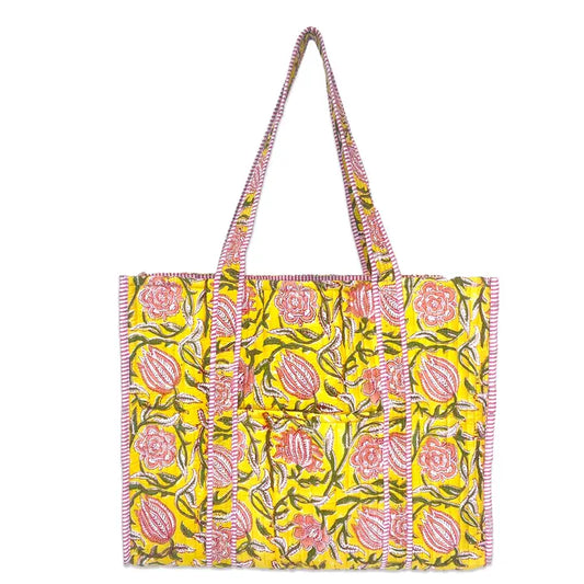 Quilted Block-Printed Tote Bag with Travel Pouch
