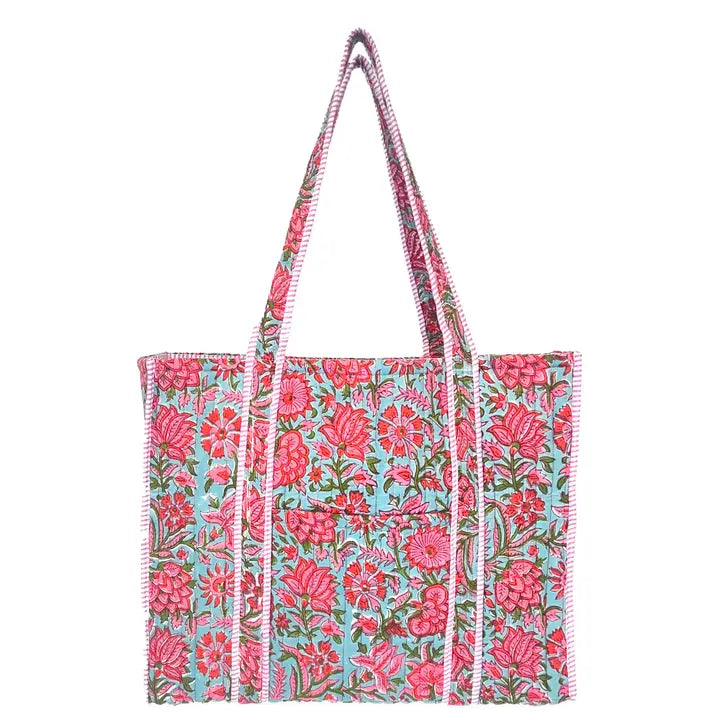 Quilted Block-Printed Tote Bag with Travel Pouch