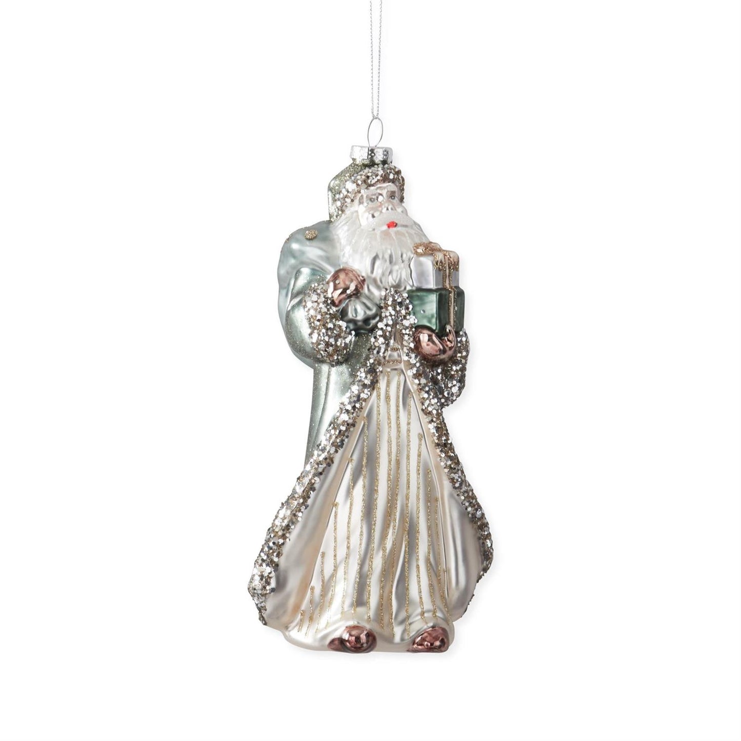 8 Inch Silver Coat Blown Glass Vintage Santa Ornament