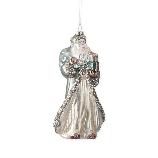 8 Inch Silver Coat Blown Glass Vintage Santa Ornament
