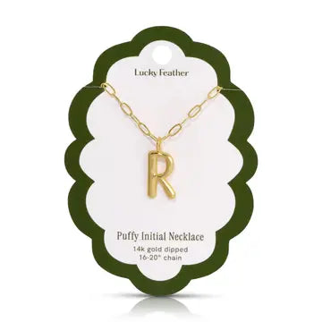 Lucky Feather Puffy Charm - Initial Necklace