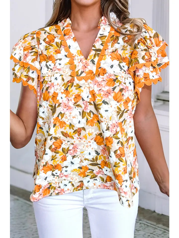 Orange Ruffled V Neck Scalloped Floral Blouse