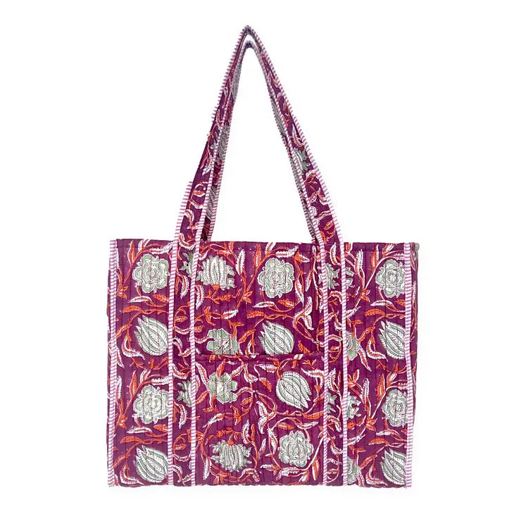 Quilted Block-Printed Tote Bag with Travel Pouch