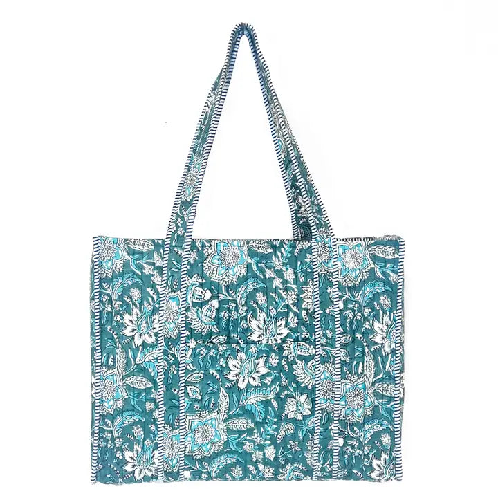 Quilted Block-Printed Tote Bag with Travel Pouch