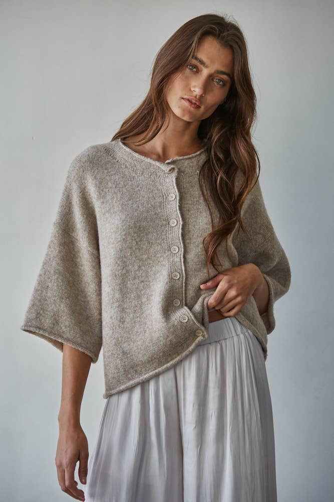 Knit Sweater Quarter Sleeve Button Up Cardigan Top