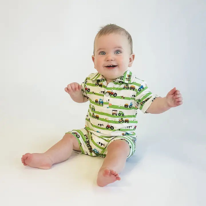 SS Polo Romper - Farm Stripes
