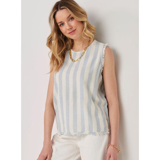 Linen Blend Cropped Tank, Blue Stripes