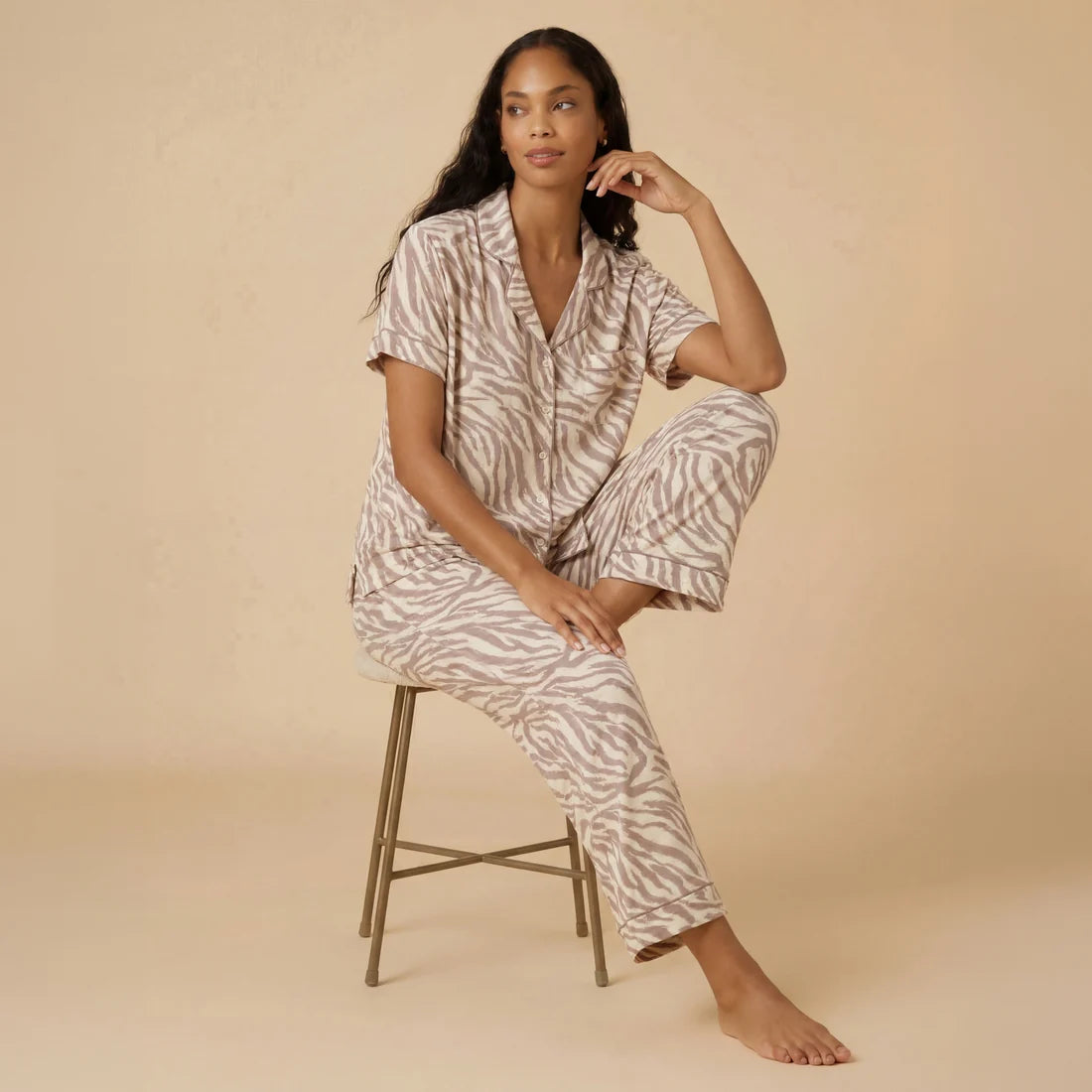 Wildly Soft Slim Notch Collar Capri PJ Set- Zebra Almond
