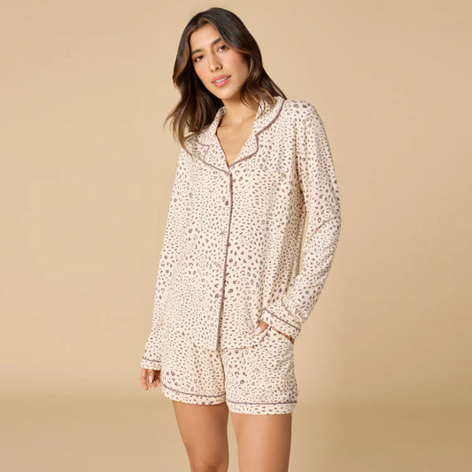 Aria - Slim Notch Collar Long Sleeve Short PJ Set Wild Almond