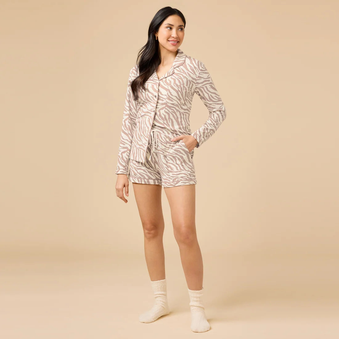 Aria - Slim Notch Collar Long Sleeve Short PJ Set Zebra Almond