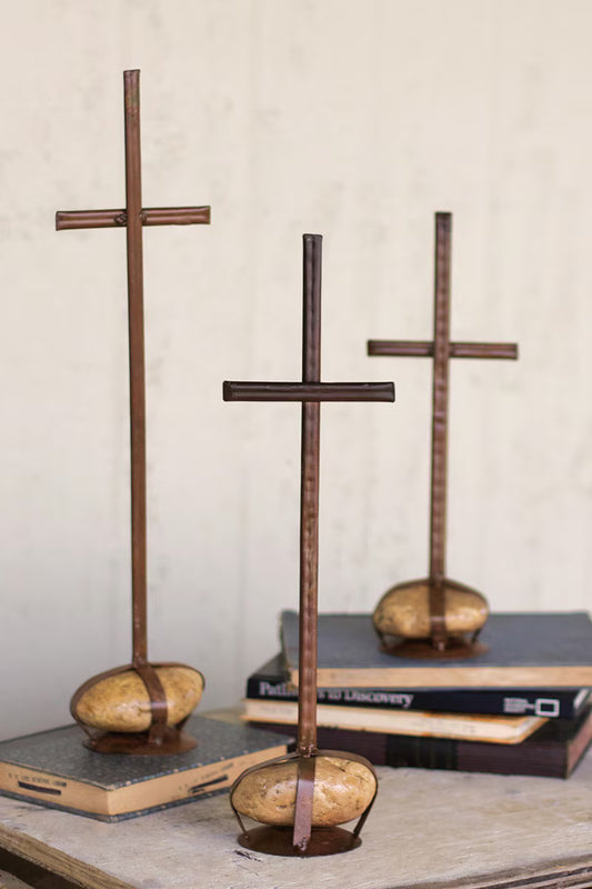 Scrap Metal Crosses with Caged Rock Bases