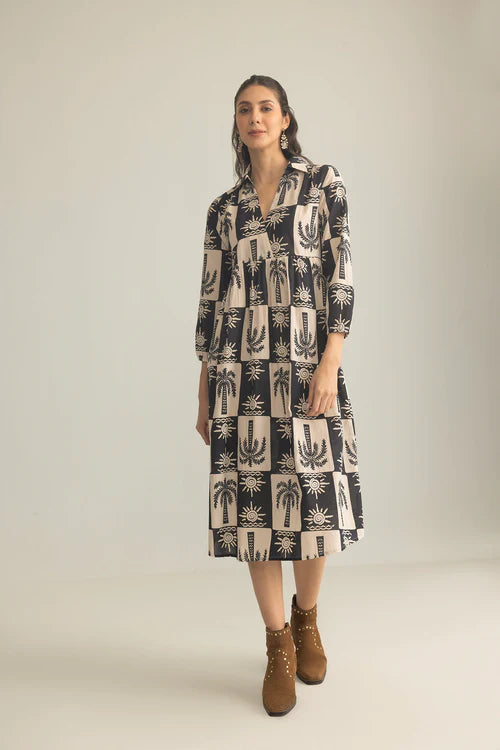 Palm Theory Maxi Dress in Navy Blue & Cream