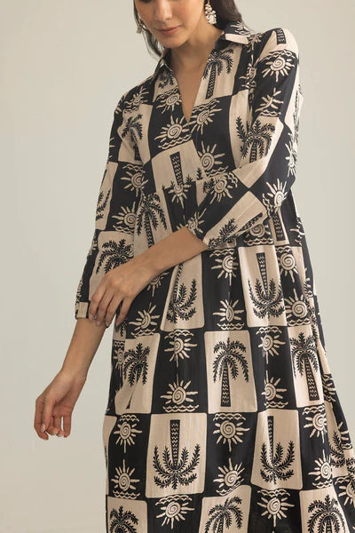 Palm Theory Maxi Dress in Navy Blue & Cream