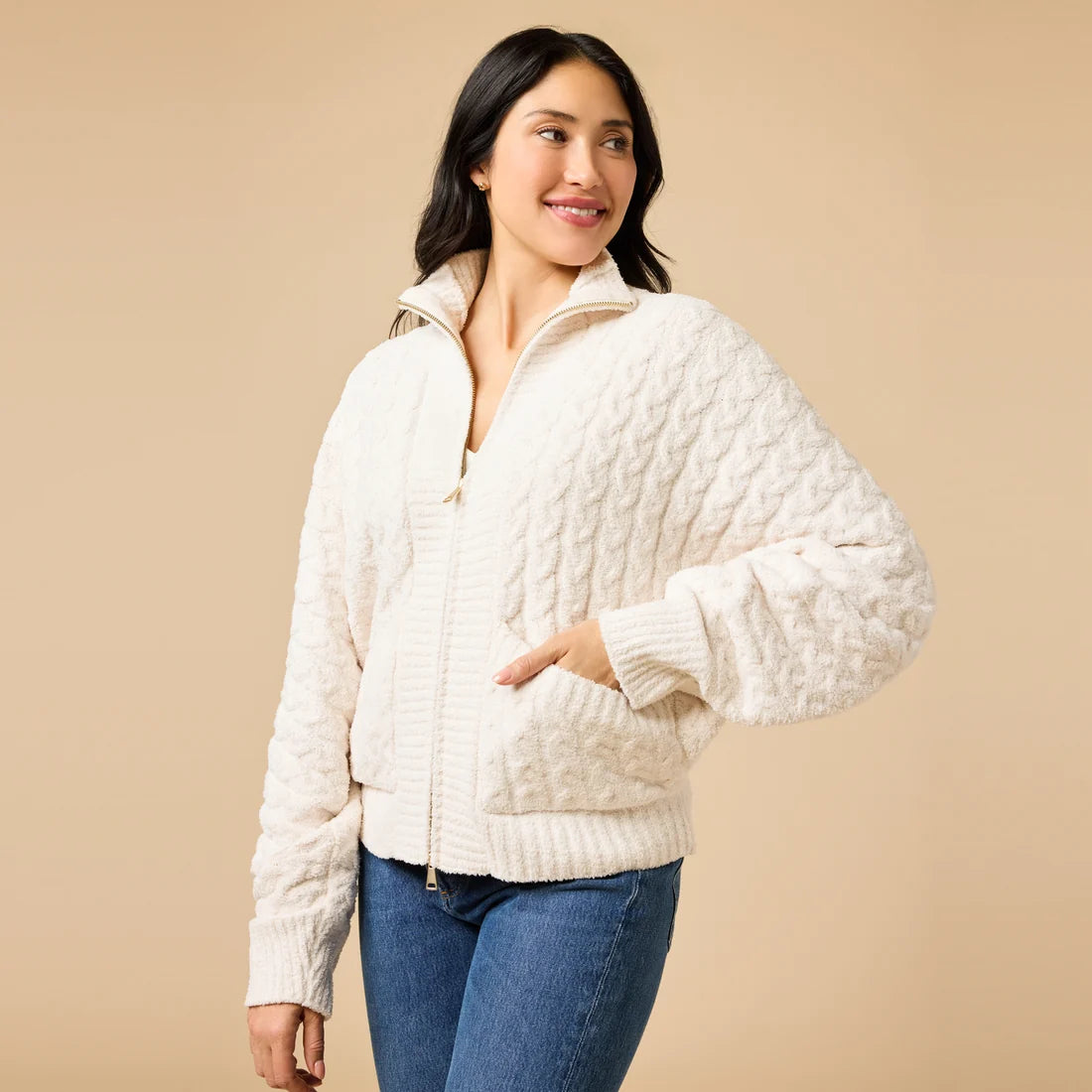 Cable Knit Marshmallow Funnel Neck Double Zip Jacket- Almond
