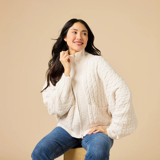 Cable Knit Marshmallow Funnel Neck Double Zip Jacket- Almond