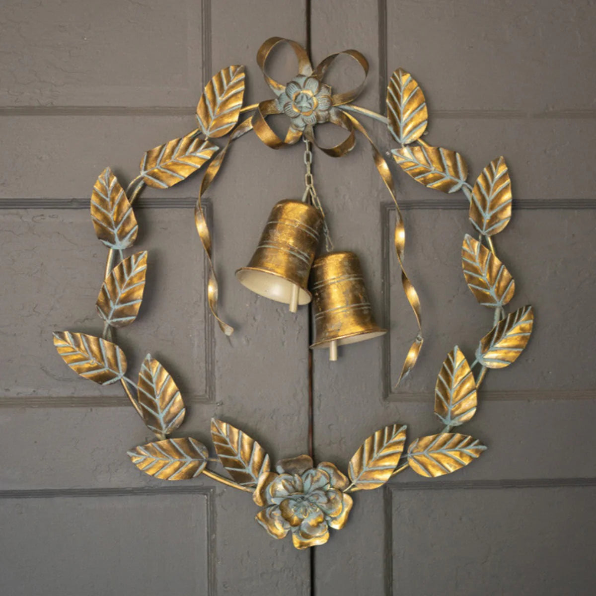 Antique Brass Christmas Wreath Leaves and Bells