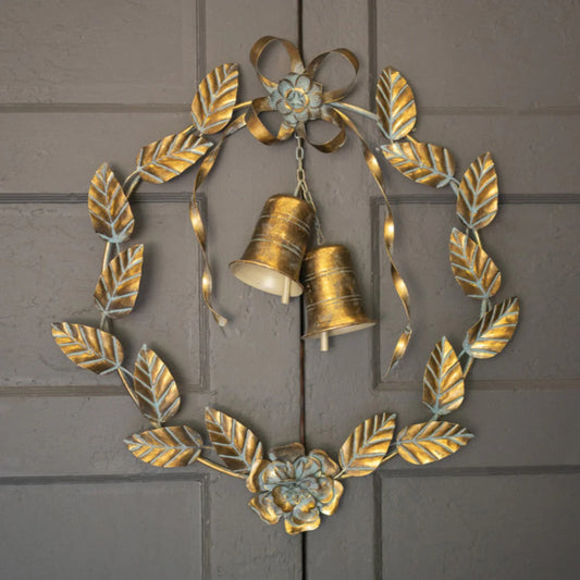 Antique Brass Christmas Wreath Leaves and Bells