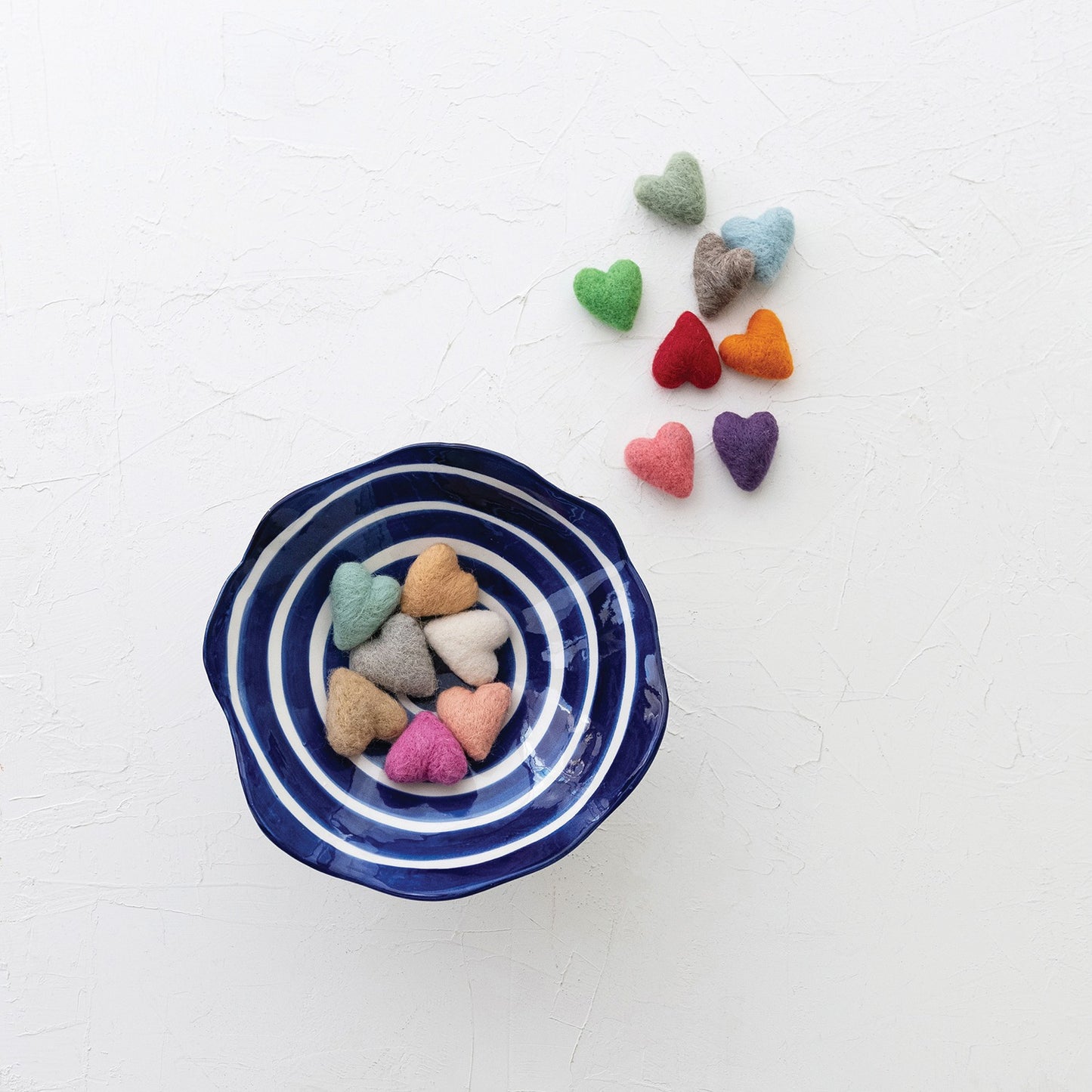 Stoneware Footed Bowl w/Stripes & Ruffled Edge Blue & White
