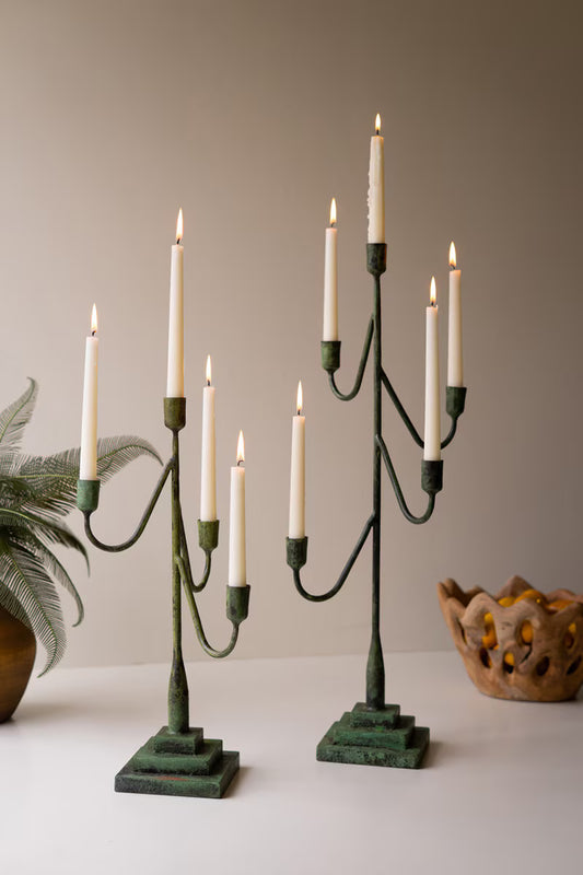 Forged-Iron Green Patina Taper Candelabras