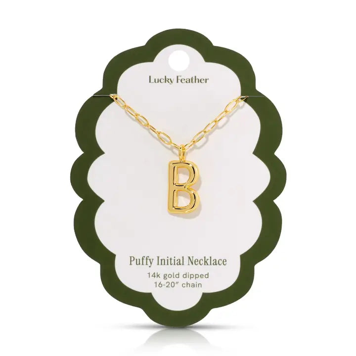 Lucky Feather Puffy Charm - Initial Necklace