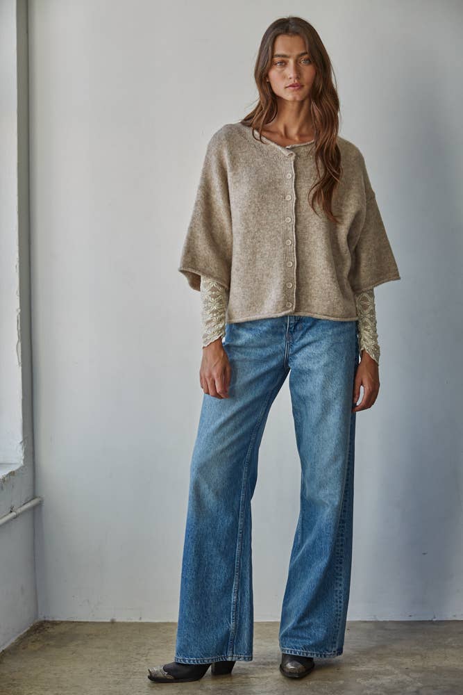 Knit Sweater Quarter Sleeve Button Up Cardigan Top