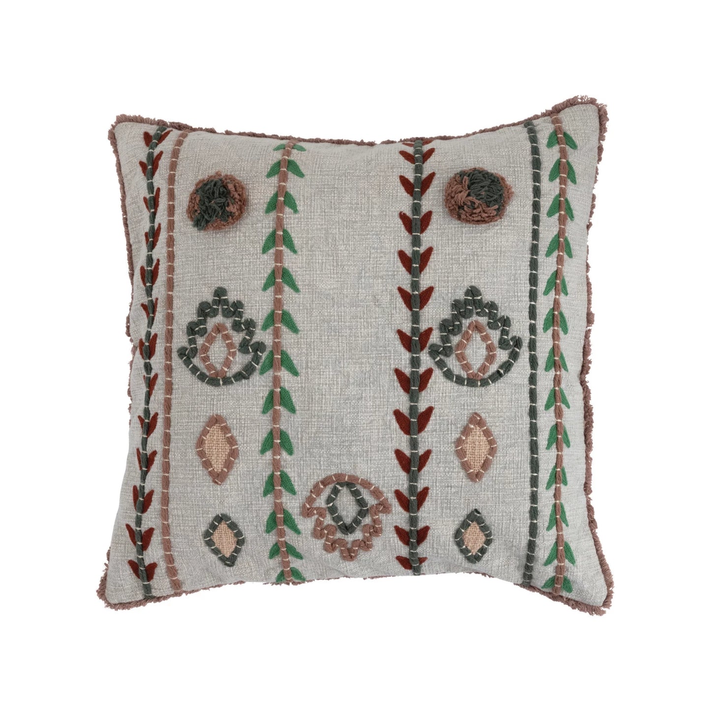 20" Cotton Pillow w/ Embroidery, Chambray Back & Fringe, Polyester Fill