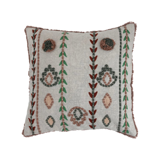 20" Cotton Pillow w/ Embroidery, Chambray Back & Fringe, Polyester Fill