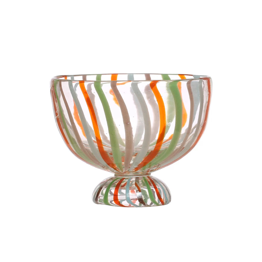 Round Hand Painted Glass Footed Bowl w/Stripes Multi Color